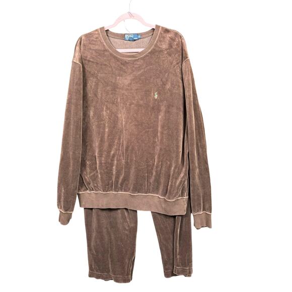 Polo Ralph Lauren Velour Sweat Set Mens XL Top L Pants Brown Crewneck Pony Logo - Picture 1 of 16